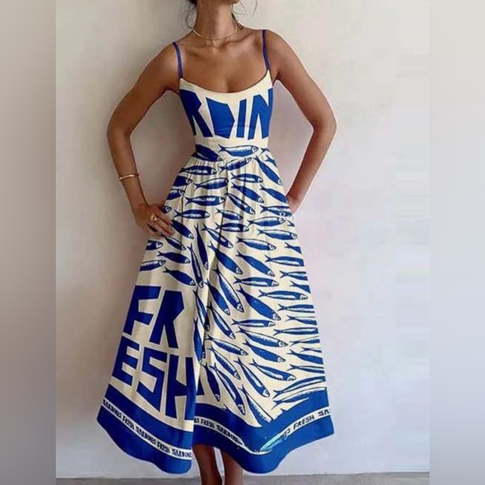Blue and White Graphic Print Dress